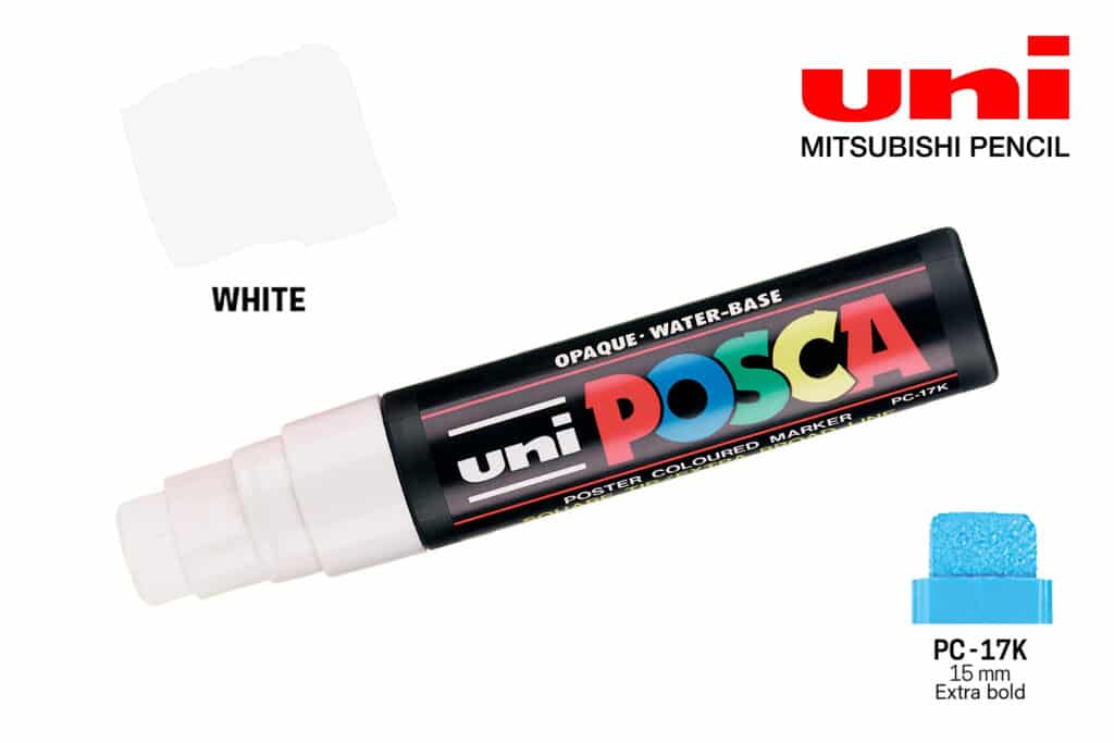 Маркерите POSCA 17К - 15 мм - бял – професионална боя Maestro Pan, цветна мостра.