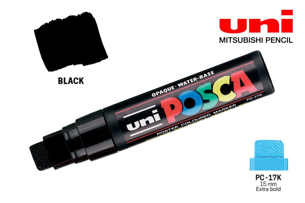 Маркерите POSCA 17К - 15 мм - черен – професионална боя Maestro Pan, цветна мостра.