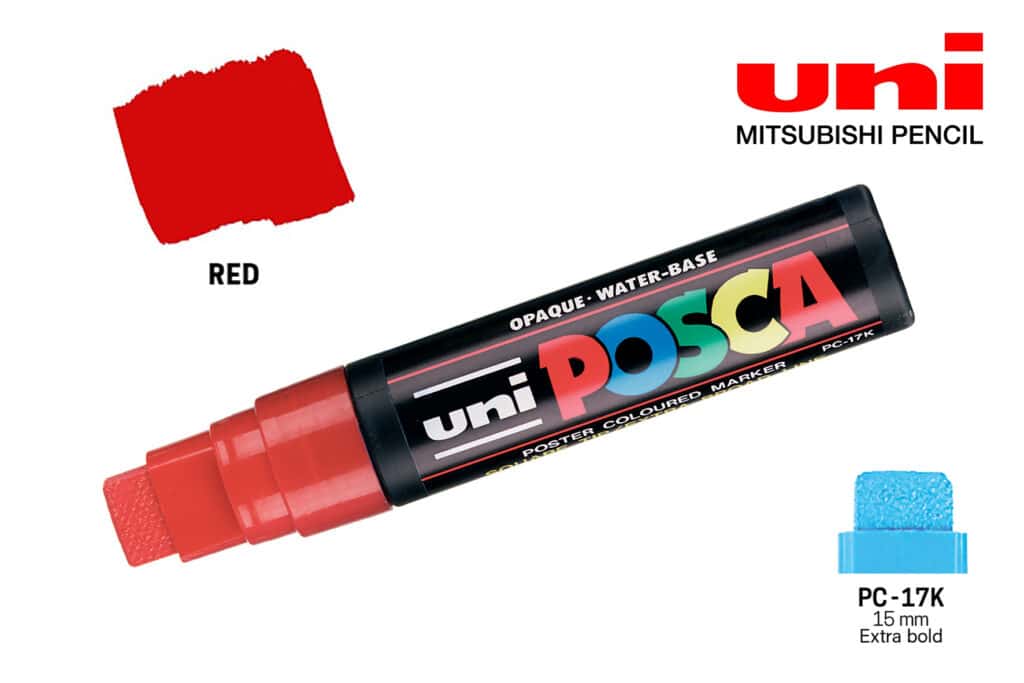 Маркерите POSCA 17К - 15 мм - червен – професионална боя Maestro Pan, цветна мостра.