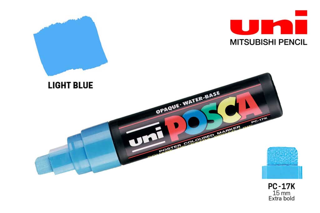 Маркерите POSCA 17К - 15 мм - светло син – професионална боя Maestro Pan, цветна мостра.
